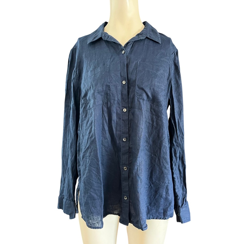 Charter Club Luxury Navy Blue 100% Linen Button Down Shirt Womens Large L